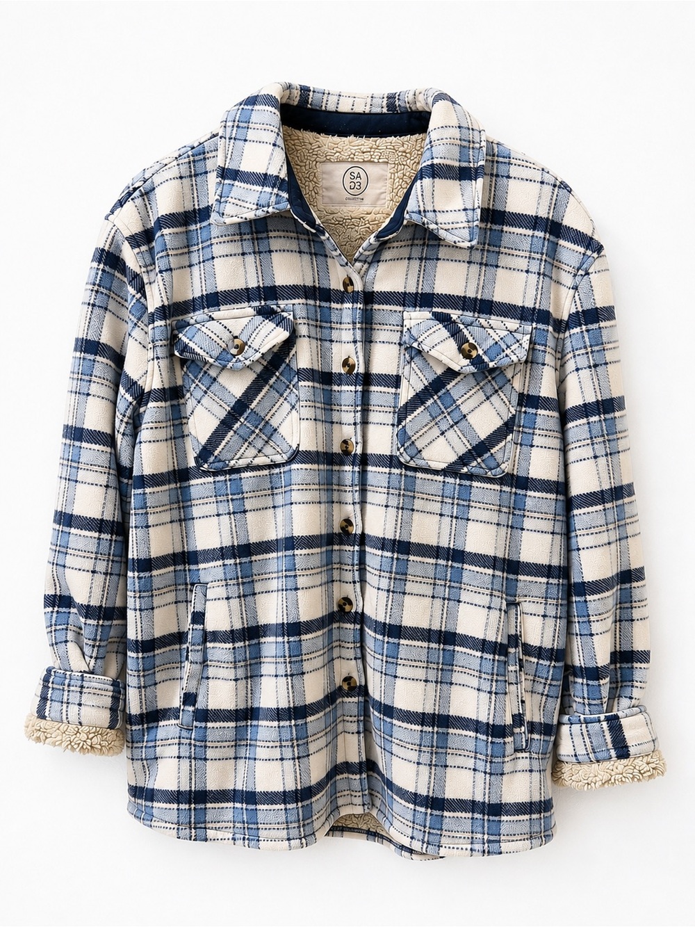 Sage Collective Blue Plaid Sherpa Lined Shacket Jacket L - Picture 2 of 11